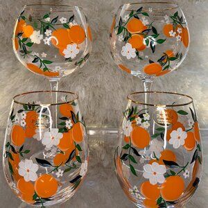 Beautiful Hand Painted Glass Set of 4 Floral Orange Blossoms w/Rhinestones - New